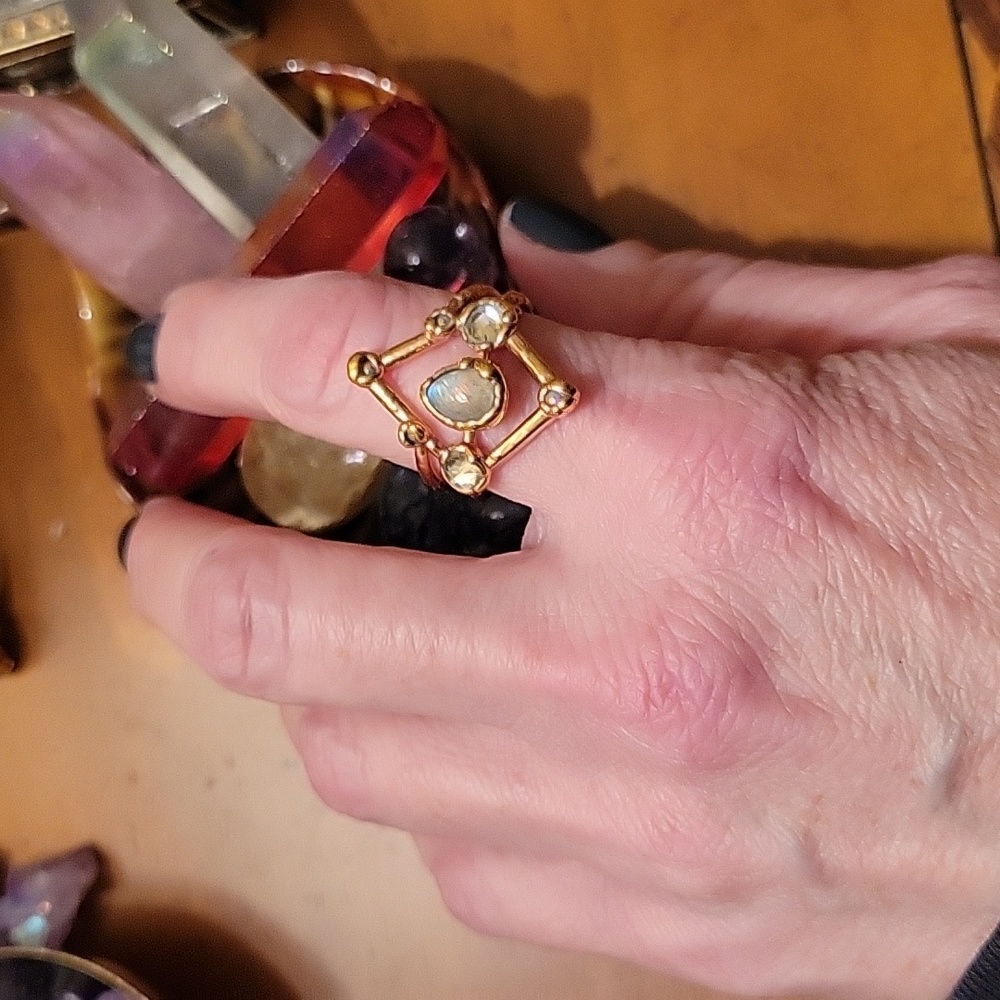 Electroformed in bright copper Rainbow Moonstone Ring with 2 crystals
